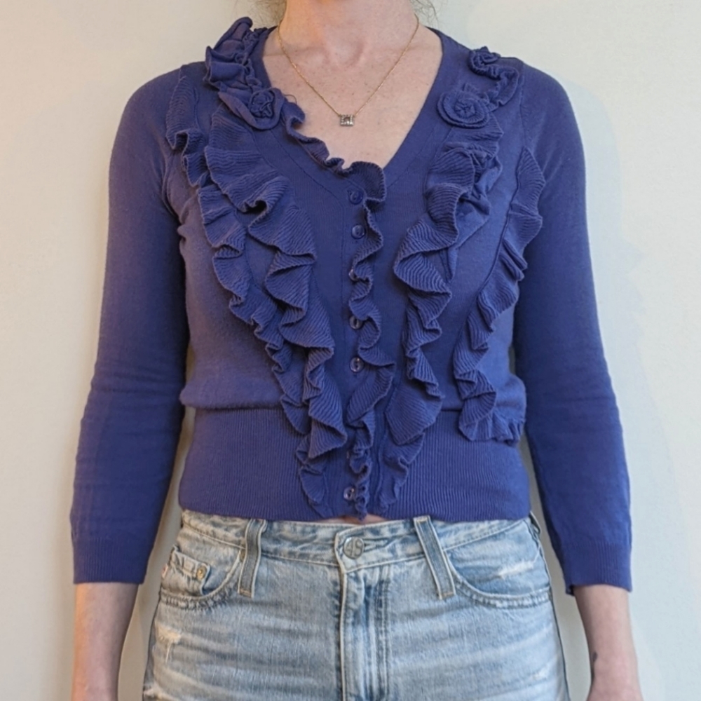 Anthropologie Guinevere Purple Cropped Cardigan with Ruffles XS